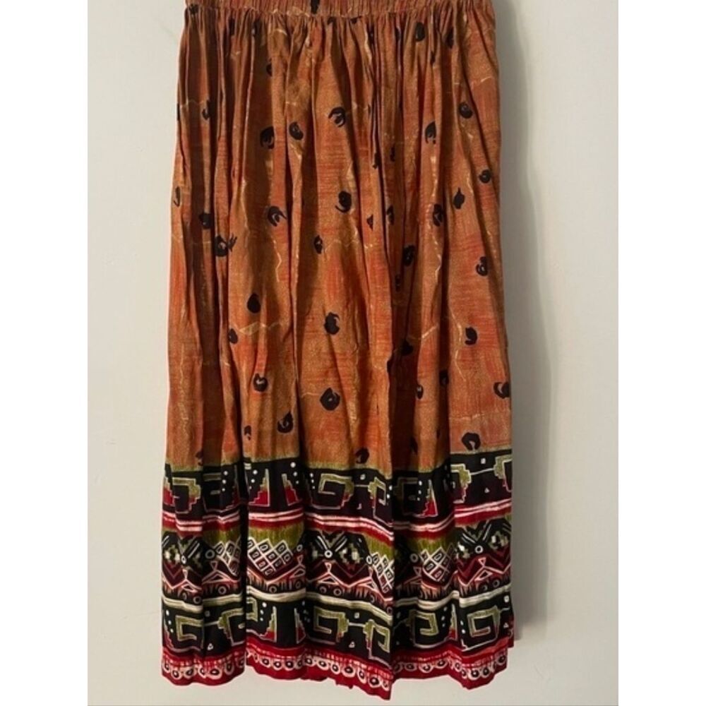 Vtg Stonebridge MP Bohemian RustPrinted TribalBorderElasticWaist WomenMaxi Skirt